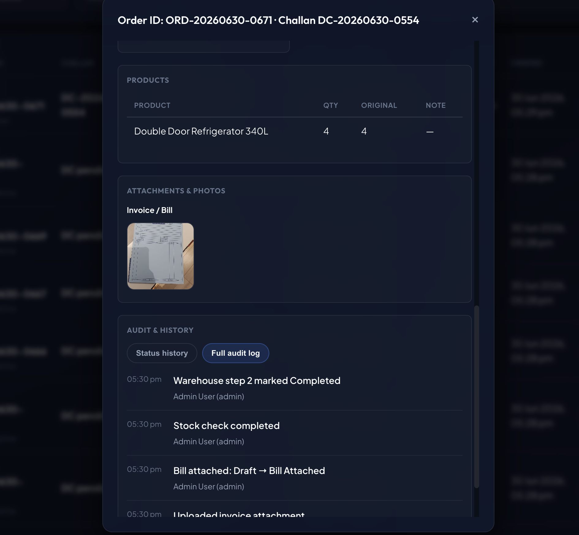 Dispatch Challan Flow challan details and audit history