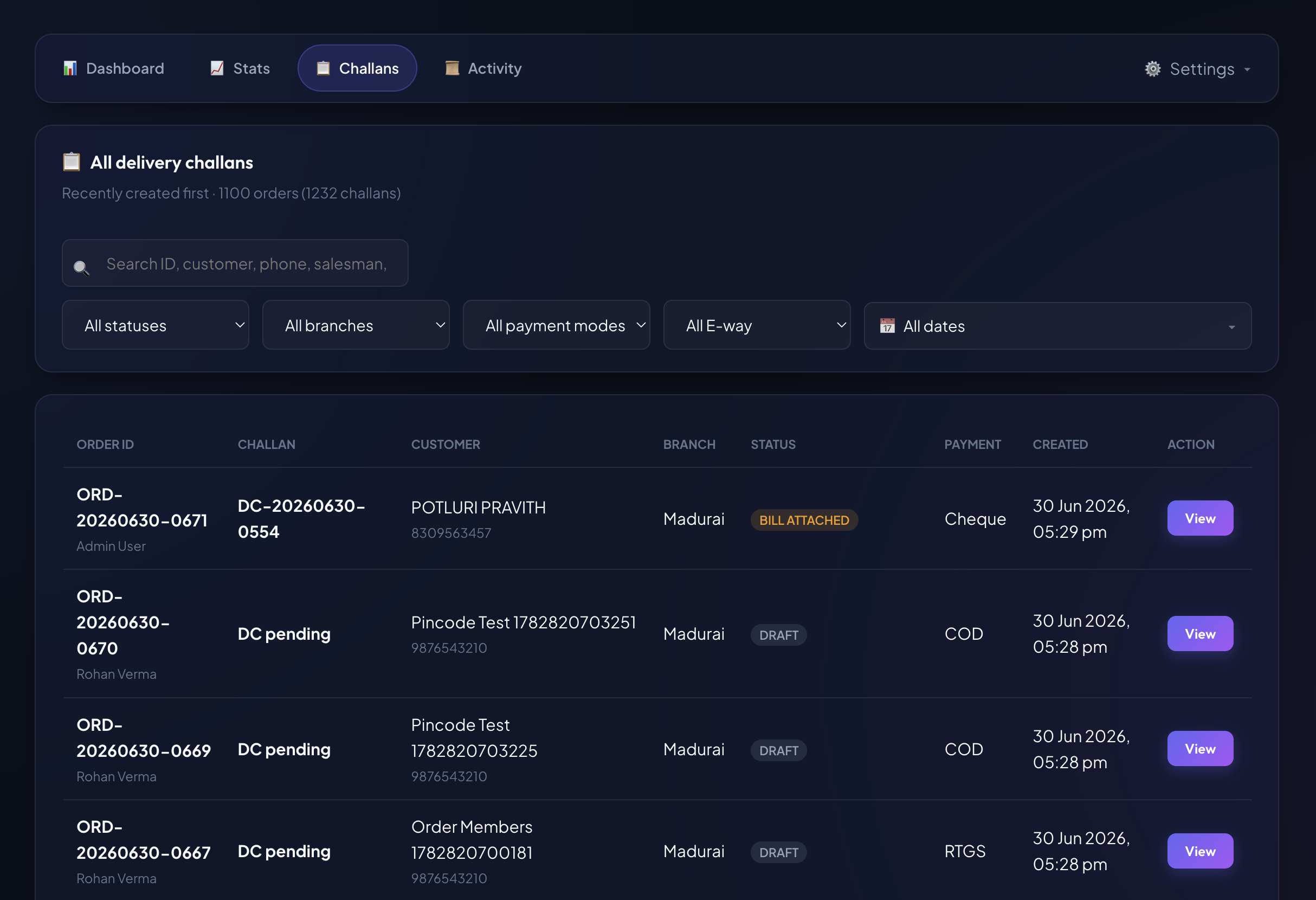 Dispatch Challan Flow admin challans list and search