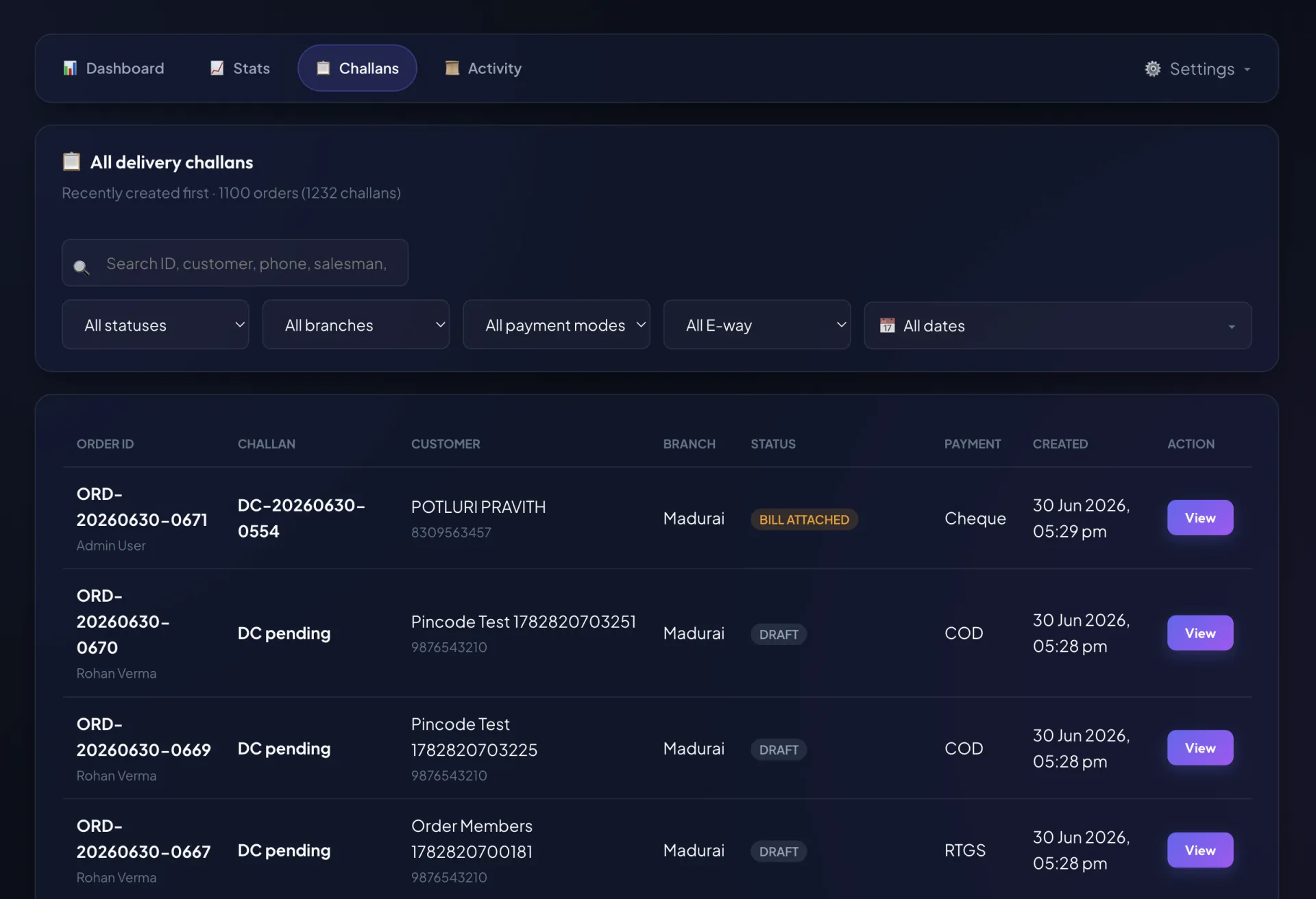 Dispatch Challan Flow admin challans list and search